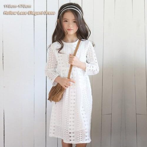 2019 Spring Summer Teenager Girls Dress Long Sleeve Crew Neck Hollow Lace Long Dress Kids Girls Princess Party Dress Children