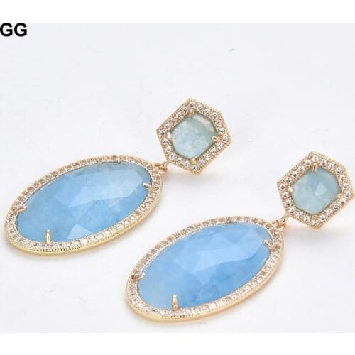 GuaiGuai Jewelry Natural Clear Blue Jades Oval Gems Stone Cz Paved Stud Dangle Earrings Cute For Women