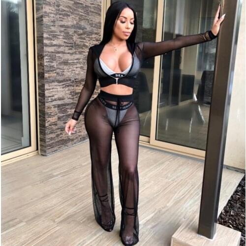 Women Sexy Two-piece Mesh Sets Swimsuit Cover-Ups Solid Color Long Sleeve Hooded Crop Tops and Pants See Through Sheer Outfits