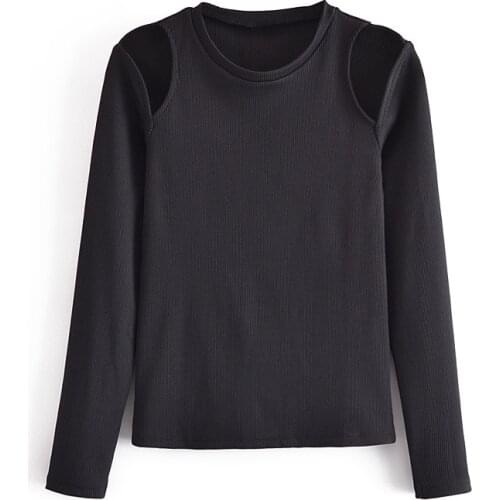 Spring Autumn Womens Fashion Sexy Shoulder Hollow Slim Long Sleeve T-Shirt Top