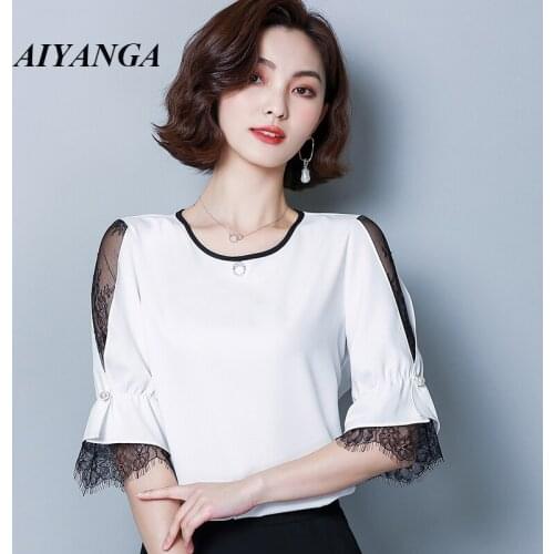 Fashion Woman Blouses 2019 Summer New Chiffon Blouse Lace Spliced Short Sleeve Blouses Shirt Elegant Plus Size Women Shirt Tops