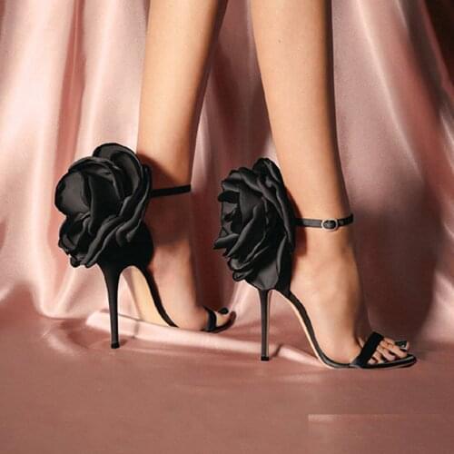 Flower Shoes Woman European And American-Style Big Flower Sandals Shoes Evening Nightclub Shoes Black Powder High Heels Sandals