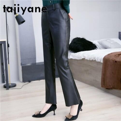 Tajiyane Streetwear Women Real Cowhide Flare Pants Woman Cloth Genuine Leather Pants High Waist Trousers Ropa Mujer TN2440