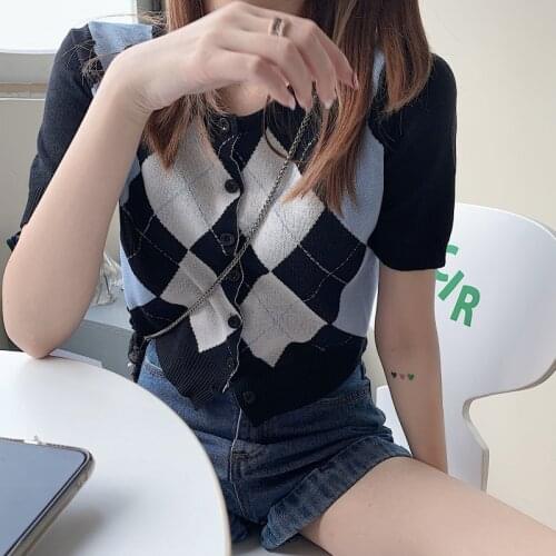 Retro Y2k Argyle Knitted Cardigan Women Summer 2021 Fashion Slim Single Breasted Short Sleeve Preppy Style Crop Tops Streetwear