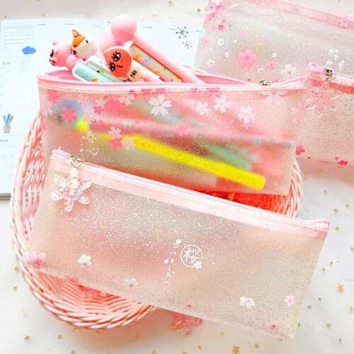 1 Pcs Pink Transparent Pencil Case Kawaii Japanese Sakura Flower TPU School Pencil Box Bag For Girls Lovely Gift Supplies