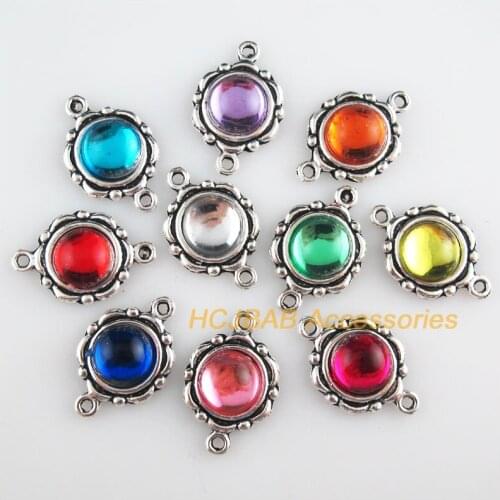 20 New Round Charms Mixed Acrylic Flower Connectors Tibetan Silver Tone 15.5x23mm