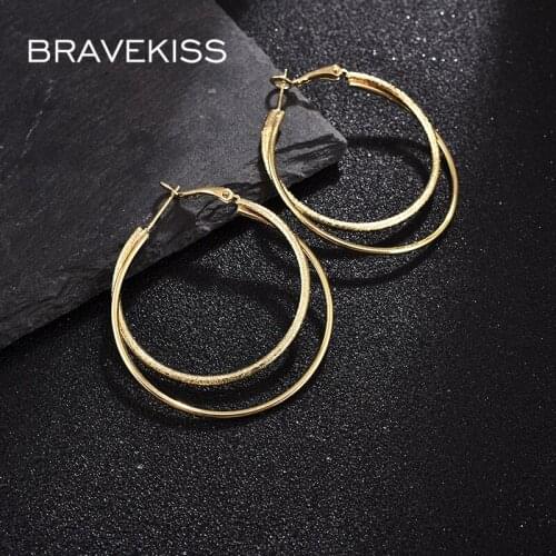 BRAVEKISS Double-Layer Glossy & Matte Process Design Hoop Earrings for Women Fashion Earring Jewelry Dating Party Gift UE0686
