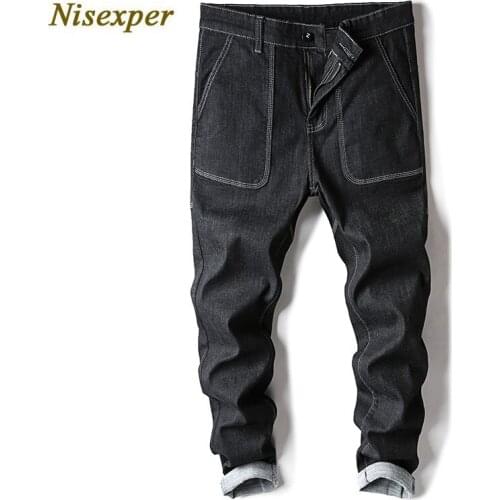 Men Black Jeans Hip Hop Style Mid Waist Denim Jeans New Male Slim Balck Jeans Men Elastic Slim Trousers Cotton Material Jeans