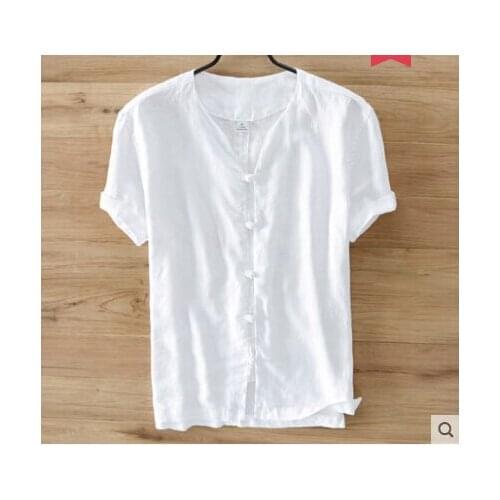 Chinese style cotton and linen t-shirt mens Chinese short-sleeved linen button buckle sleeves v-neck linen T-shirt summer loose