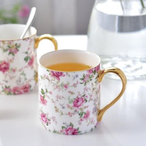 12oz Pastoral Coffee Mugs, Bone China Espresso Rose Flower Tea Cups, Milk Cup Gift For Women Mom Friends, Home And Office White