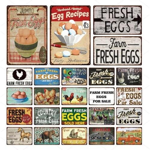 Fresh Eggs Metal Plaque Chicken Coop Retro Wall Art Poster Vintage Metal Tin Sign Home Decoration Farm Restaurant Bar Creative