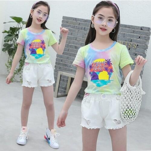 2021 Fashion Summer Teens Children Clothing Sets Toddler Girls Clothes Dyeing Tops Jeans 2PCS Outfits Suit Casual Kids Clothes