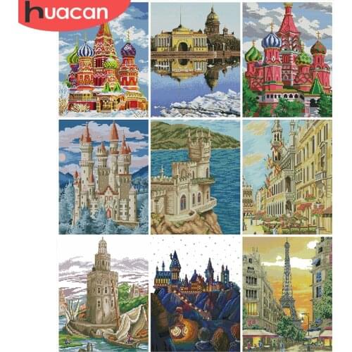 HUACAN Embroidery House White Canvas Sets Cross Stitch Landscape 11CT 14CT DIY Gift Kits Home Decoration Needlework