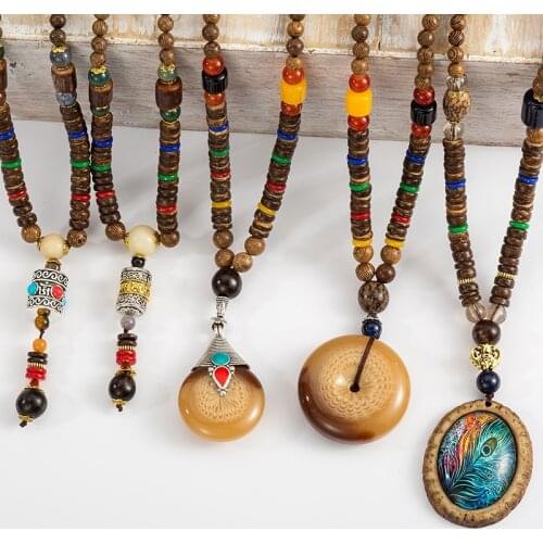 Handmade Nepal Necklace Buddhist Mala Wood Beads Pendant & Necklace Ethnic Long Statement Jewelry Women Men