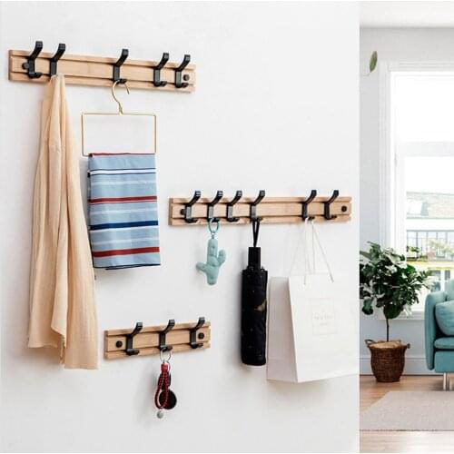Nordic Movable Coat Rack Wall Mounted Hallway Bedroom Door Hat Clothes Hanger Kitchen Toilet Wall Hooks, Bamboo