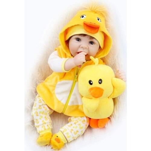 Bebe55CM original reborn baby doll lifelike newborn baby duck dress set lovely smile face weighted doll rooted hair high quality