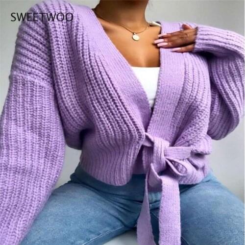 Autumn Womens Cardigan Sweater Solid Color V-Neck Lace Up Bow Jumpers Lattern Sleeve Loose Cardigan Female Knitted Coat