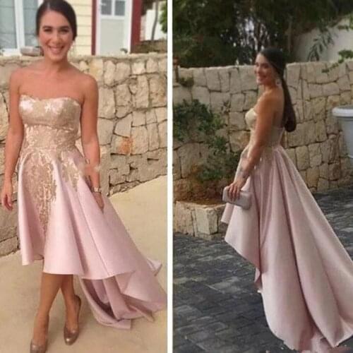 2020 Pink High Low Prom Dresses Strapless With Gold Appliques Party Wear Sweep Train Short Cocktail Formal Gown