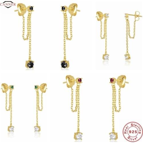 CANNER 100% 925 Sterling Silver Exquisite Colorful CZ Zircon Chain Stud Earrings For Women Piercing Earings Jewelry pendientes