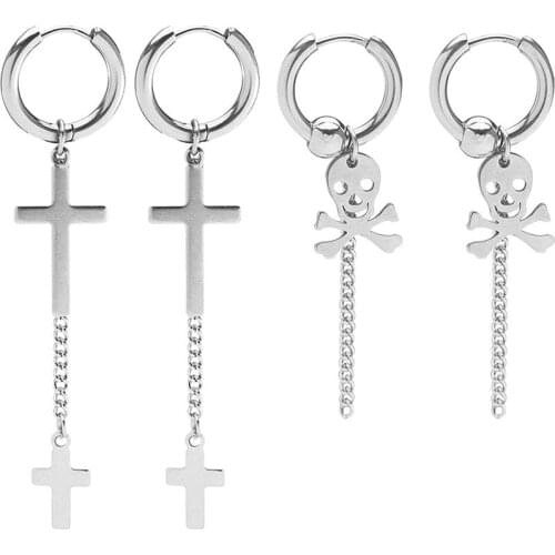 Punk Stud Earring Stainless Steel Earrings Hoops Huggie Cross and Skull Dangle Earrings Hinged Unisex Piercing Jewelry