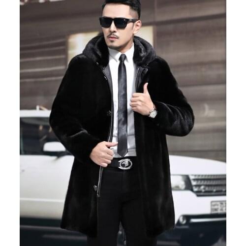 Free Shipping Genuine Mink Fur Jacket Real Mink Fur Coat Black Mens Real Fur Garment with Hood Wholesale Retail OEM