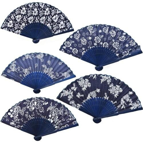 Blue Fabric Hand Fan Cool Summer Classical Flower Design Chinese Style With Dyed Blue Bamboo Frame Wedding Party Favor Decor