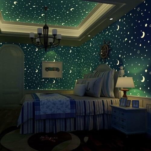 Stars And The Moon Non-woven Luminous Wallpaper Roll Childrens Room Bedroom Ceiling Fluorescent Wallpaper Decor Papel De Parede