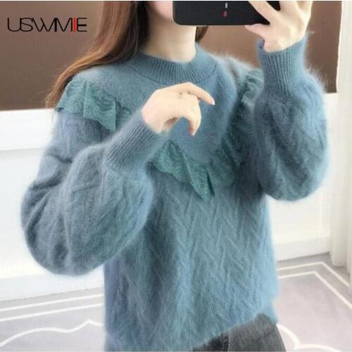 Free Shipping Sweater Women Winter Fashion Sweet Thickened Fashion Bottom Half Turtleneck Lantern Sleeve Plus Size Pullover
