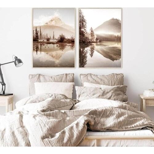 Bohemian Sunrise Scenic Lake Reflection Beige Hue Quiet Feeling Canvas Painting Poster Wall Art Picture Living Room Decor