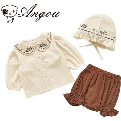 Angou Spring Autumn Toddler Baby Girl Clothes Lapel Embroidery Top+PP Pant+Hat 3PCS Flower Long Sleeves Newborn Baby Clothing