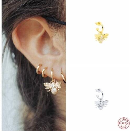 BOAKO 925 Sterling Silver Bee Pendant Drop Earring For Women Girls C Shape Zircon Clips Piercing Ohrringe Fine Jewelry Gift 1PC