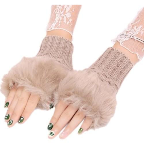 Women Winter Fluffy Plush Patchwork Half Finger Gloves Crochet Knitted Solid Color Short Fingerless Mittens Wrist Warmer