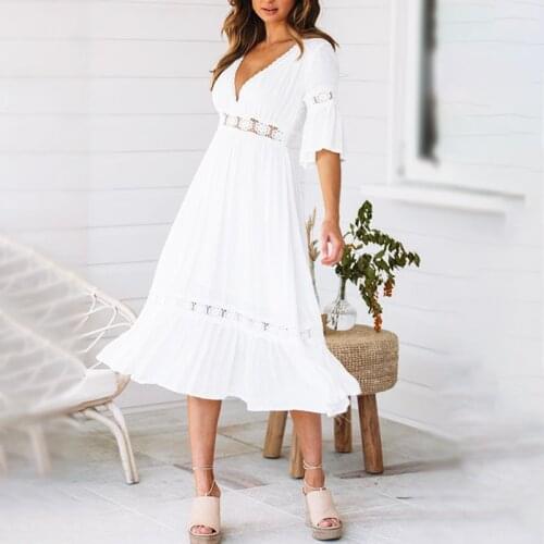 White Lace Dress Flared Sleeve Floral Embroidery Hollow Draped Dress Pleated Sukienka Sexy Beach Summer Midi Dress Women V Neck