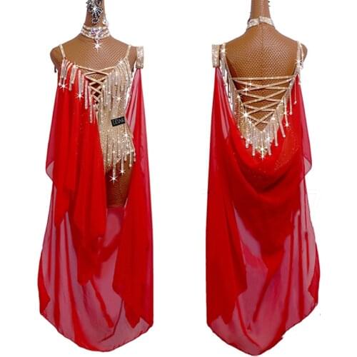 Sexy Latin Dance Dress Women High End Rhinestone Fringe Dress Red Latin Show Costumes Ballroom Dance Competition Clothing BL6880