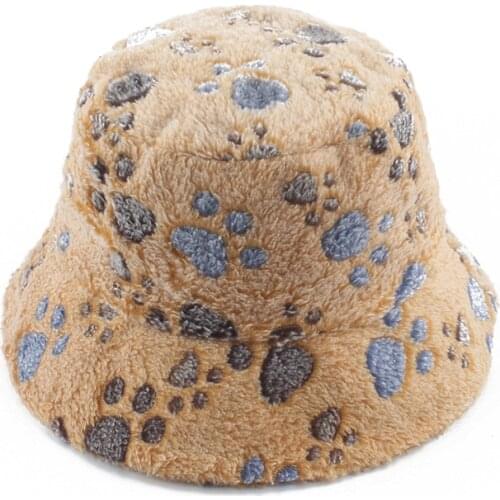 Winter Cute Paw Print Faux Fur Fluffy Bucket Hats Women Outdoor Warm Sun Hat Soft Velvet Furly Fisherman Cap Lady Fashion Panama