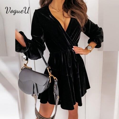2021 New Spring Long Sleeve Elegant A-Line Dress Sexy Deep V-Neck Slim Velvet Dresses Autumn Ladies Draped Mini Party Vestidos
