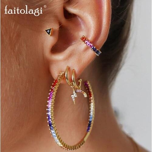 4 Pcs Rainbow Crystal Large Hoop Earrings C Shape Rhinestones Cuff Earring Lightning Drop Loop Earrings Fashion Women Jewelry