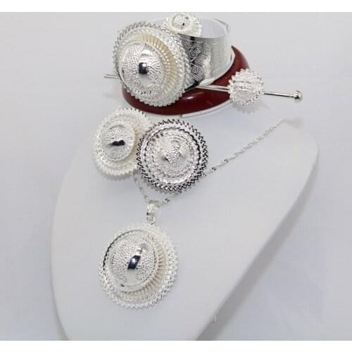 6pcs/lot Dubai jewelry sets for Women Silver Ethiopian Habesha Hairpin Head chain African bridal wedding Gift collares