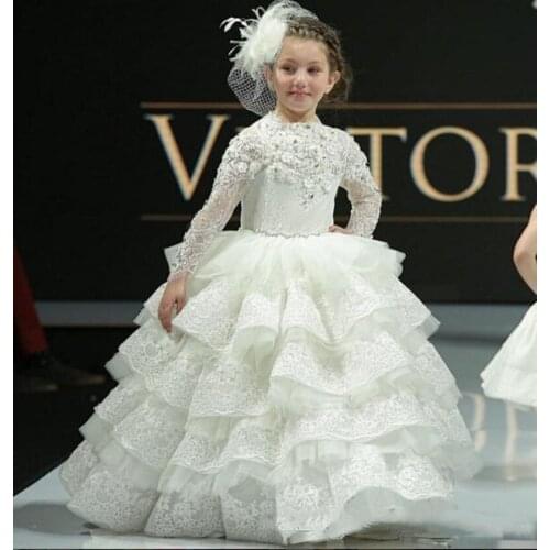 White Princess Girls Pageant Gowns Long Sleeves Lace Tiered Flower Girl Dresses For Wedding Baby Girls Birthday Party Dress