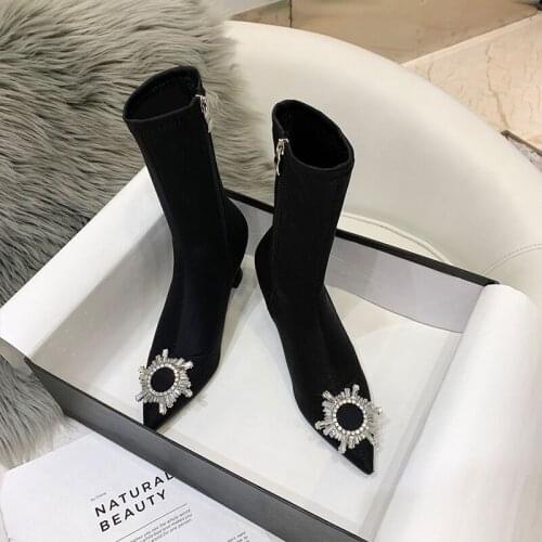 Black Stretch Fabric Ankle Boots For Women Crystal Pointed Toe High Heels Shoes Woman Spike High Heels 9CM Sock Boots Ladies
