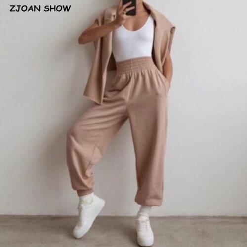 2020 New High Waist Loose Wide Cargo Sports Pants Elastic Cuff Casual Sport Trousers Women Joggers Streetwear Leisure Pants