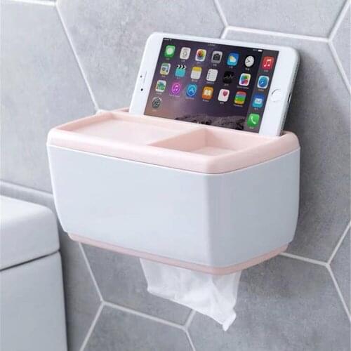 Punch free Plastic Tissue Box Bathroom Toilet Roll Paper Box Mobile phone Rack Home Storage Tools