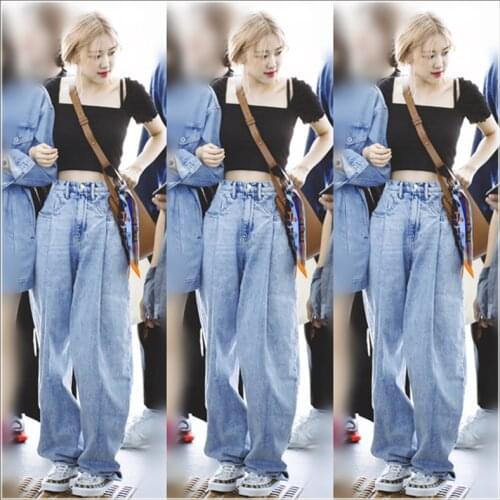 Kpop Seo Yea Ji IU Rose streetwear same fashion high waist jeans women Jeans Sexy Jeans denim popular Light blue Wide leg Pants