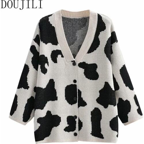 DOUJILI Fashion Women Elegant Milk Cardigan Vintage Style Knitted Jumper Fashion Oversized Sweater Cardigan Coat
