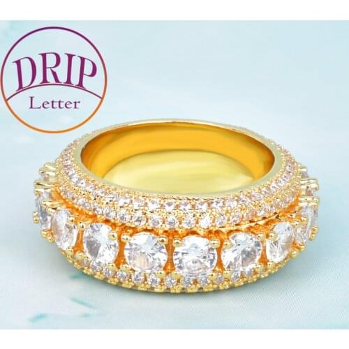 Rotating Solid Mens Ring Gold Color Cubic Zircon Hip Hop 18 K Copper Charm Jewelry