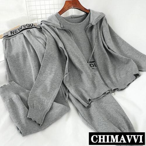 Korean New Spring Students Leisure Sports Suit Women Loose Hooded Coat + Tank Vest + Knitted Harem Pants Three-piece Set