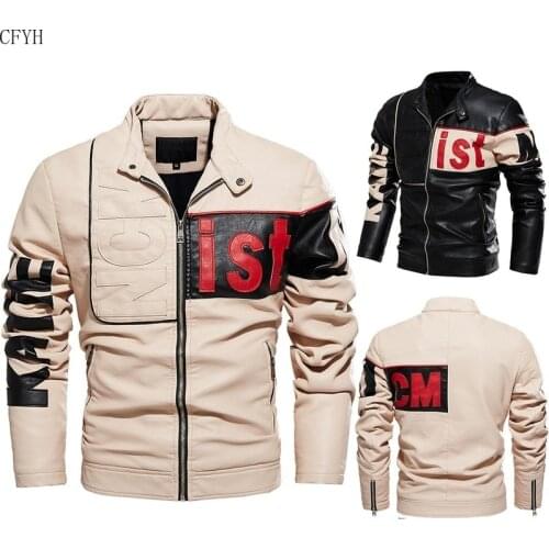2020 New Winter Fleece Mens Leather Jackets , Stylish Letter Patchwork Slim Mens PU Leather men Jacket Motorcycle Clothing Top