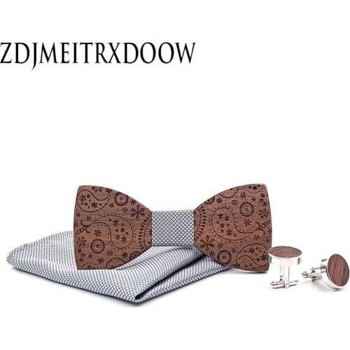 Paisley Wood Bowtie Handkerchief Cufflinks Sets with Gift box for Mens Wooden Bow Tie Bowknots for Wedding Party Ties