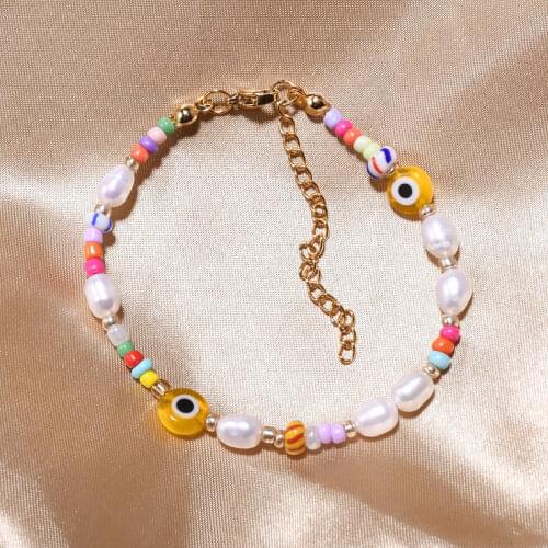 2021 New Arrival Yellow Evil-Eye Beads Bracelet Simple Mixed Multi-Color Glass Beads Bracelet 18K Gold Plated Jewelry for Women