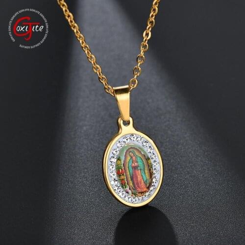Goxijite Stainless Steel Virgin Mary Necklace Our Lady of Guadalupe Medal Coin Necklace Catholic Oval Pendant Necklaces